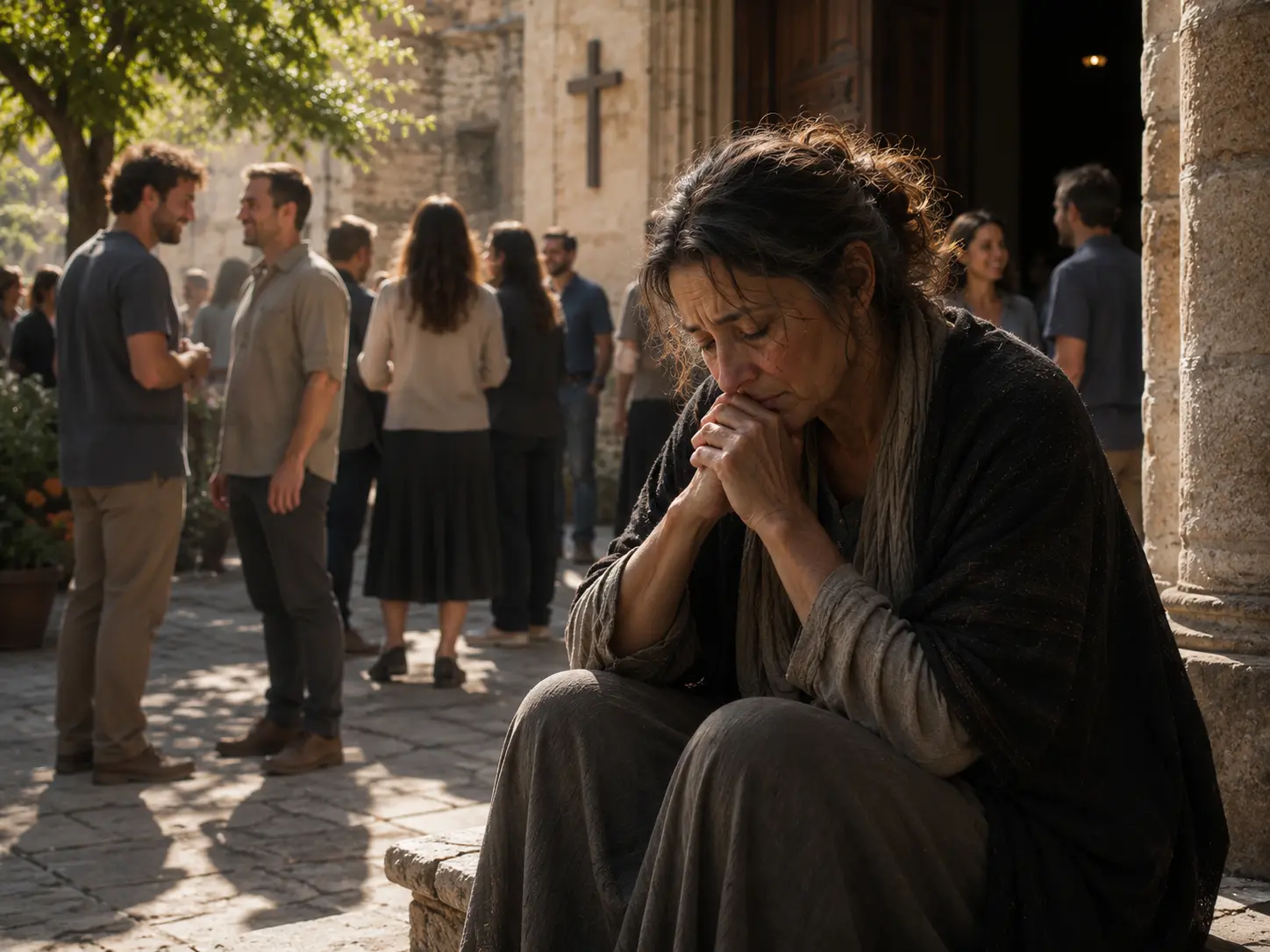 A grieving woman sits isolated outside a church, unable to speak with her fellow church members in the courtyard behind her, separated by her grief.