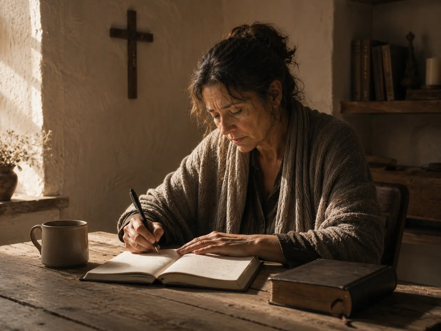 Grieving woman writing in a journal beside a Bible in a quiet Christian prayer room
