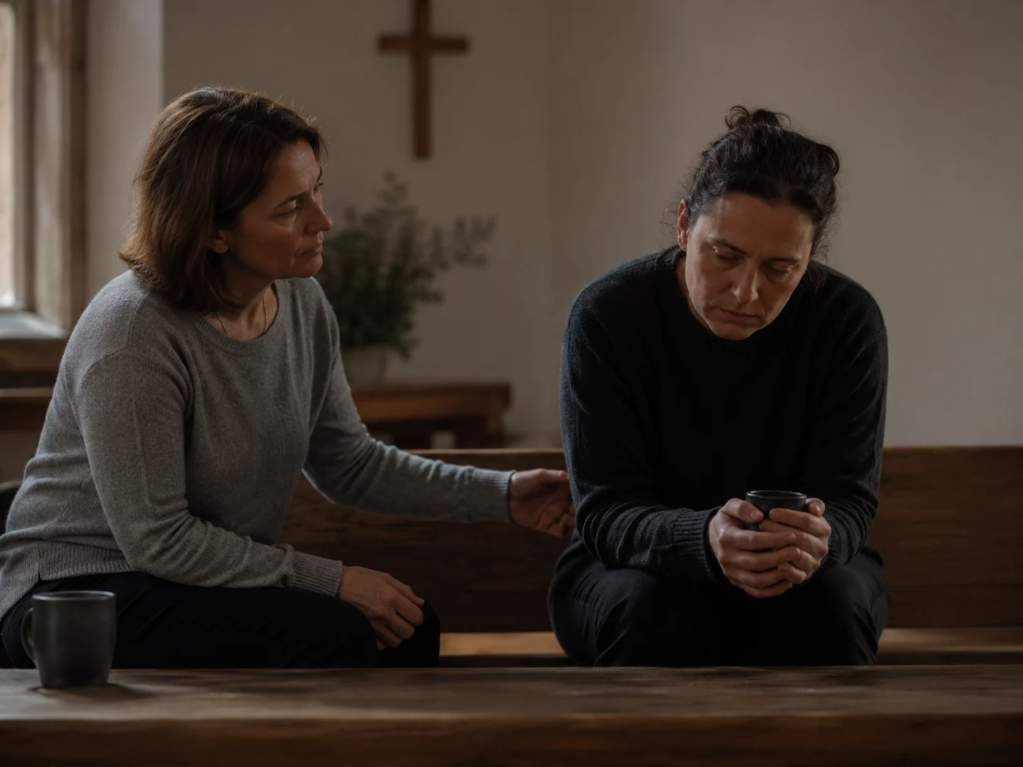 A grieving person sits beside a caring friend but remains emotionally distant from their comfort.