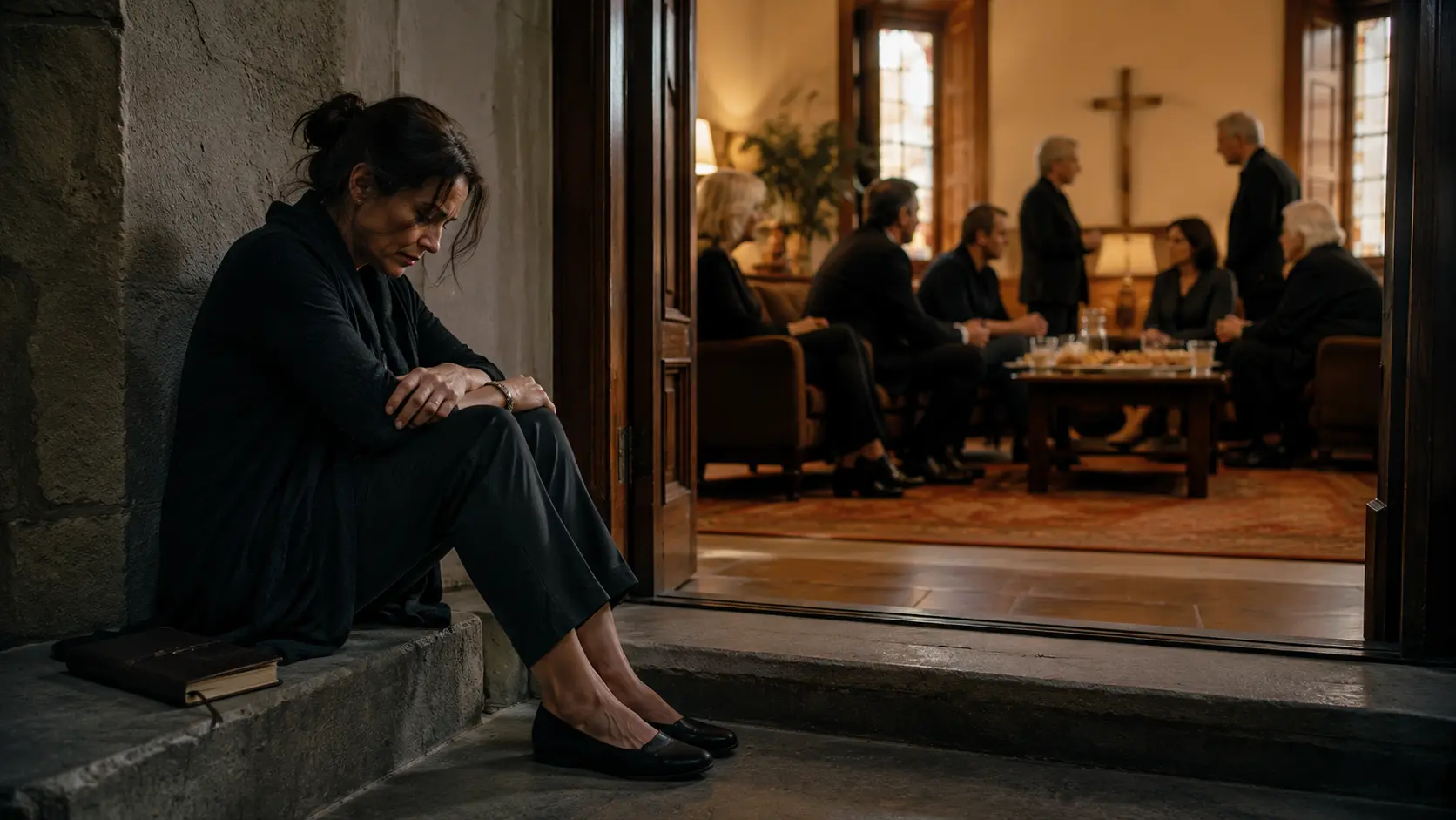 A grieving person stands apart by a doorway while mourners gather quietly around food and drinks in the next room.