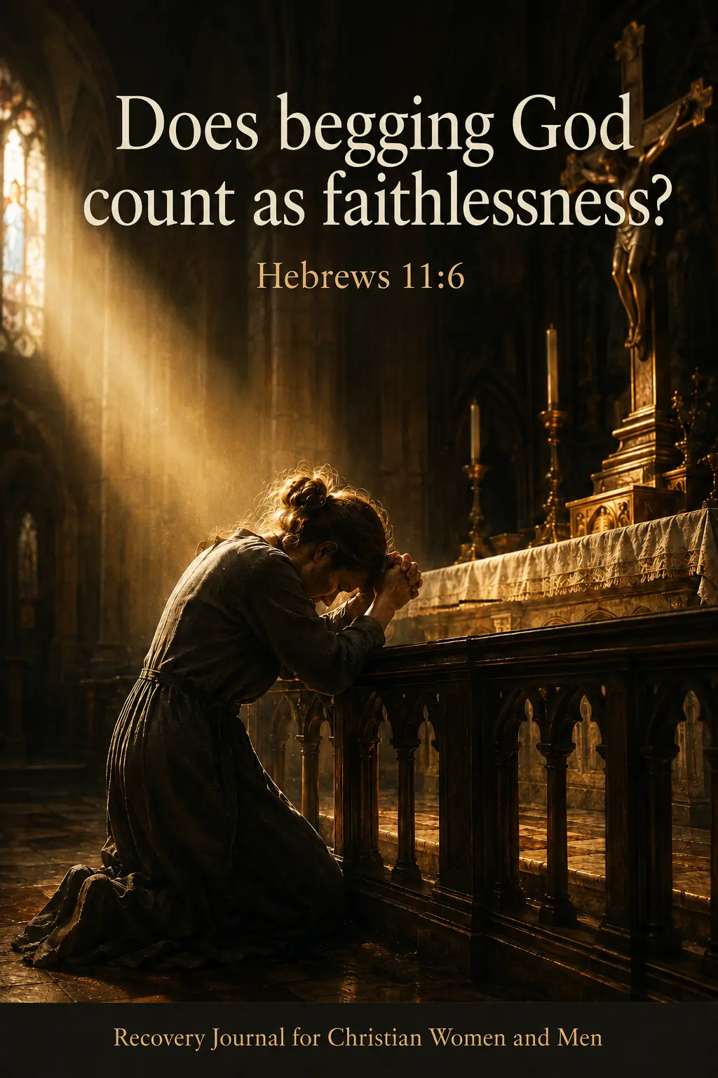 Woman kneels at a church rail before an altar and crucifix in warm light, with the words Does begging God count as faithlessness?