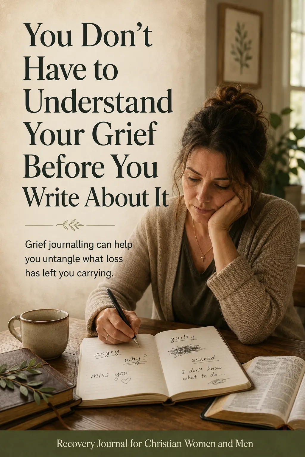 A grieving woman writing difficult emotions into her grief journal