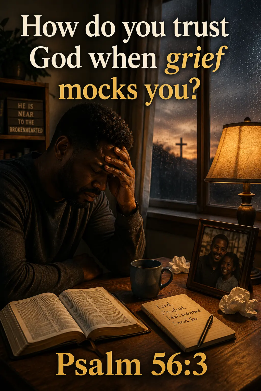 Grieving man beside an open Bible