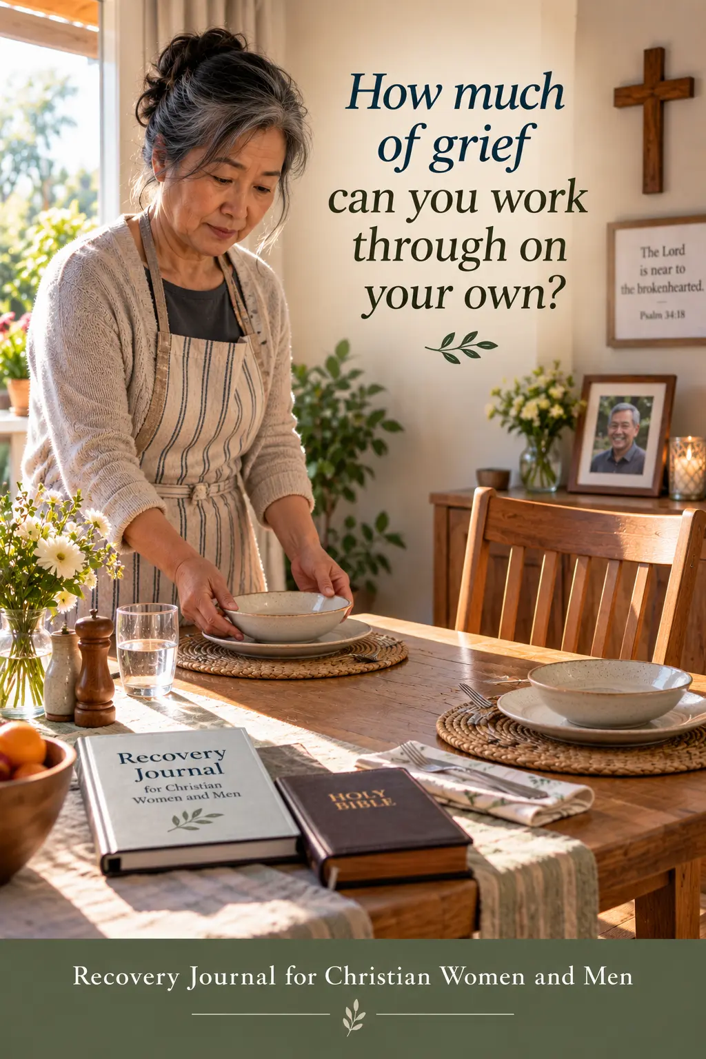 An middle aged Asian woman setting a table for one. In the foreground, there's a grief journalling book and a bible lying side-by-side.