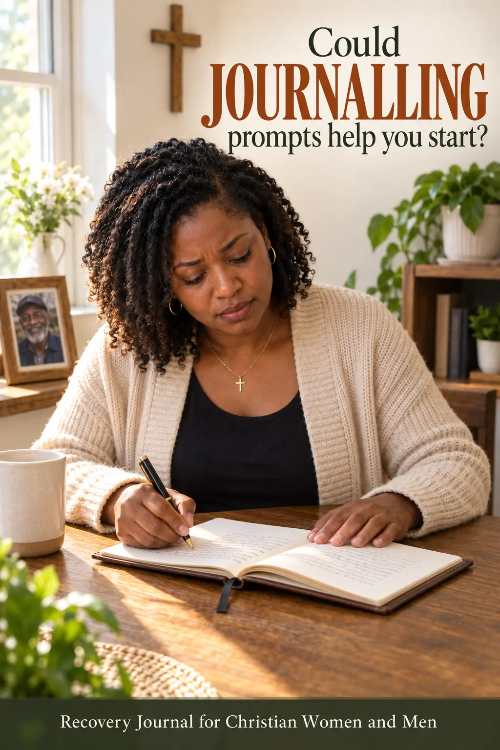 A black Woman sits sadly writing in her grief journal. A potrait of an elderly black man is visible behind her.