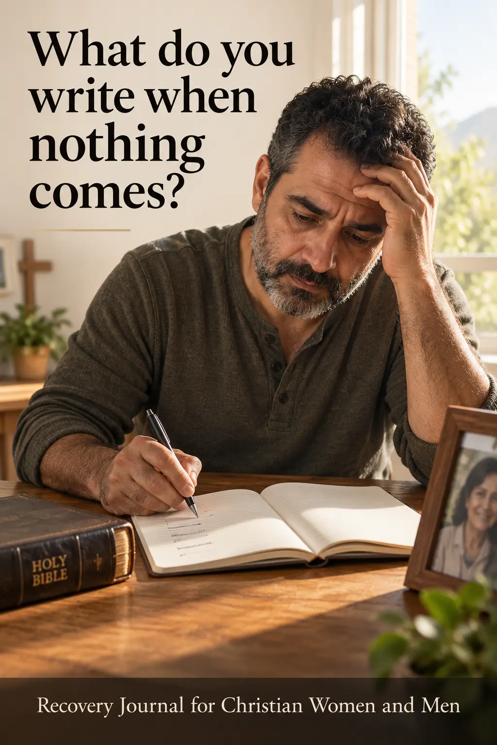 A man sitting at a table, seemingly struggling to write in his grief journal