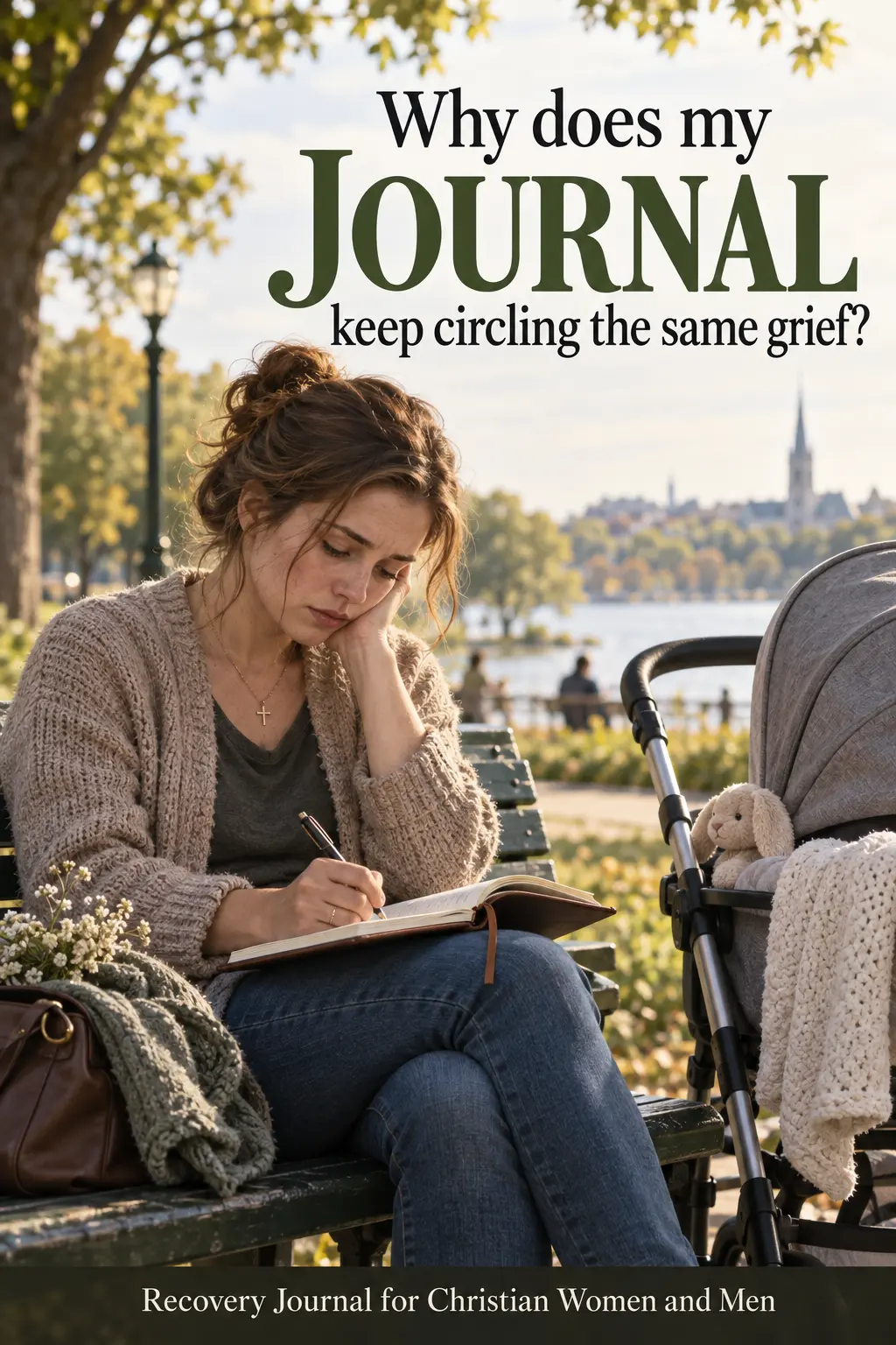 Young white mother sitting alone on a park bench beside a pram, looking sadly into an open journal while holding a pen.