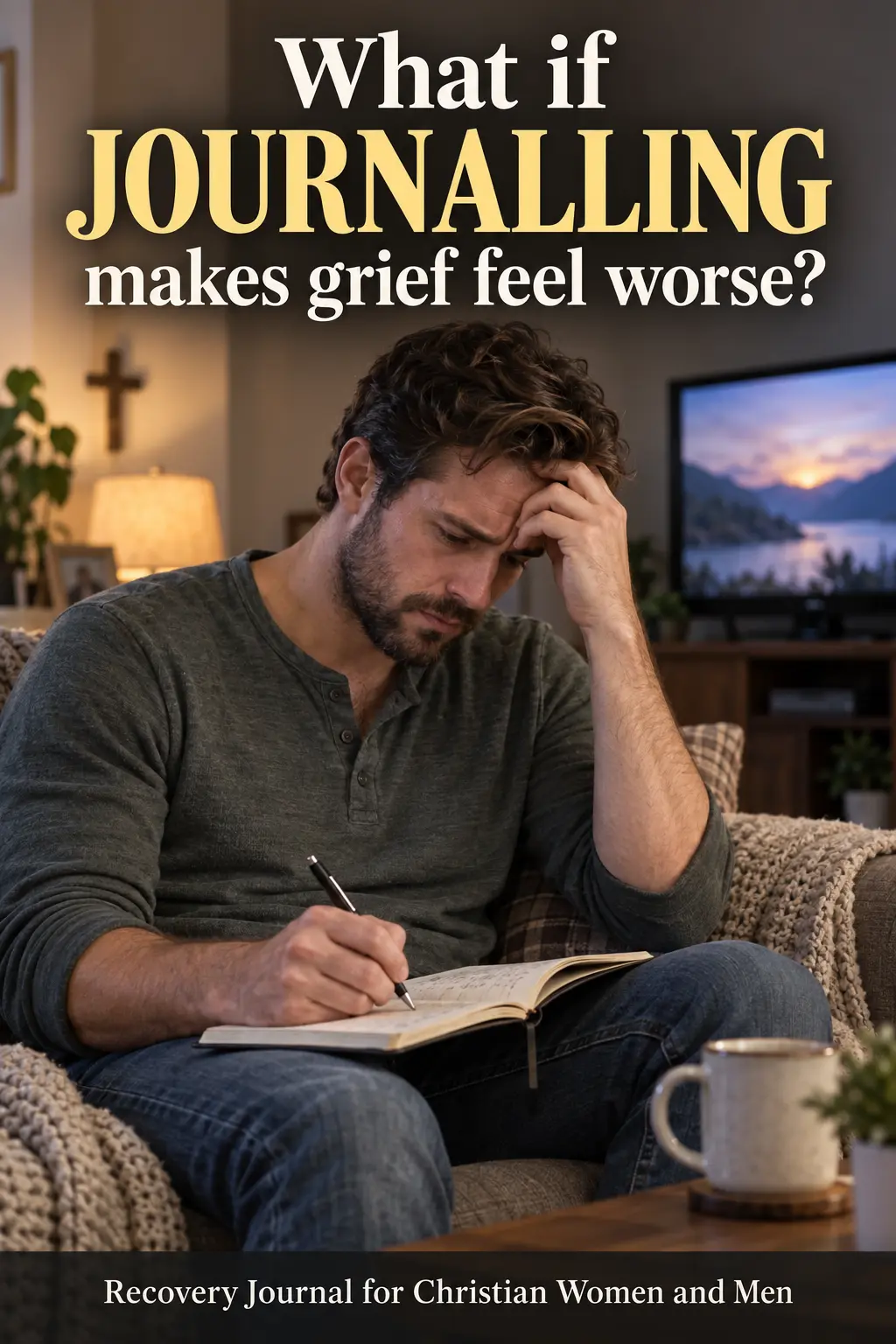 A grieving young man with head in hand tries to write in his grief journal