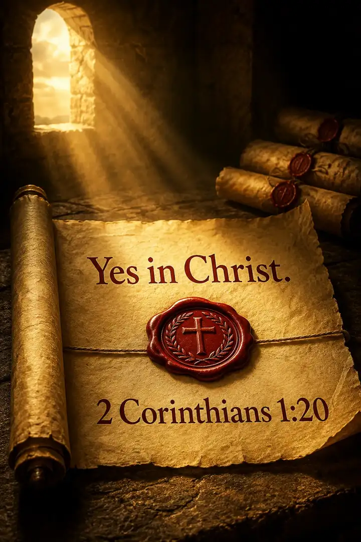 Pinterest pin for 2 Corinthians 1:20 showing an illuminated parchment scroll with the words Yes in Christ beside a red Christian seal.
