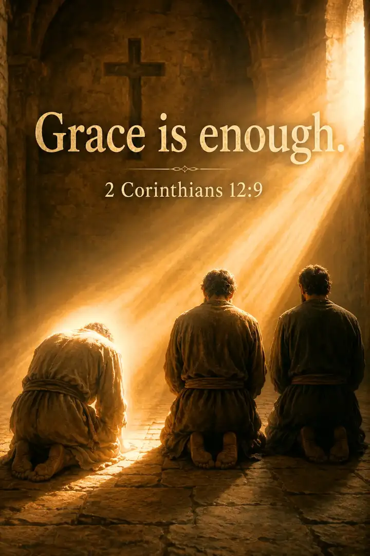 Pinterest pin for 2 Corinthians 12:9 showing three people kneeling beneath a cross in warm light with the words Grace is enough.