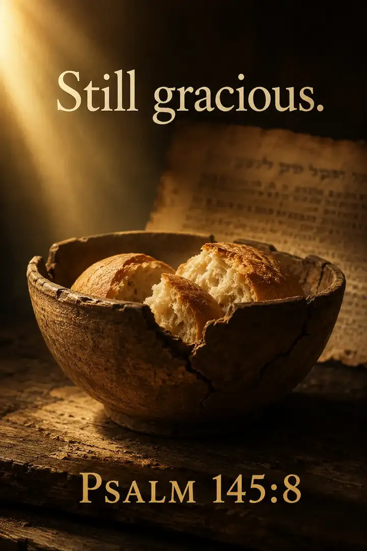 Pinterest pin for Psalm 145:8 showing broken bread in a wooden bowl beside an open Bible with the words Still gracious.