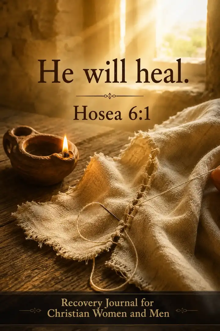 Pinterest pin for Hosea 6:1 showing torn cloth, an oil lamp and warm sunlight with the words He will heal.
