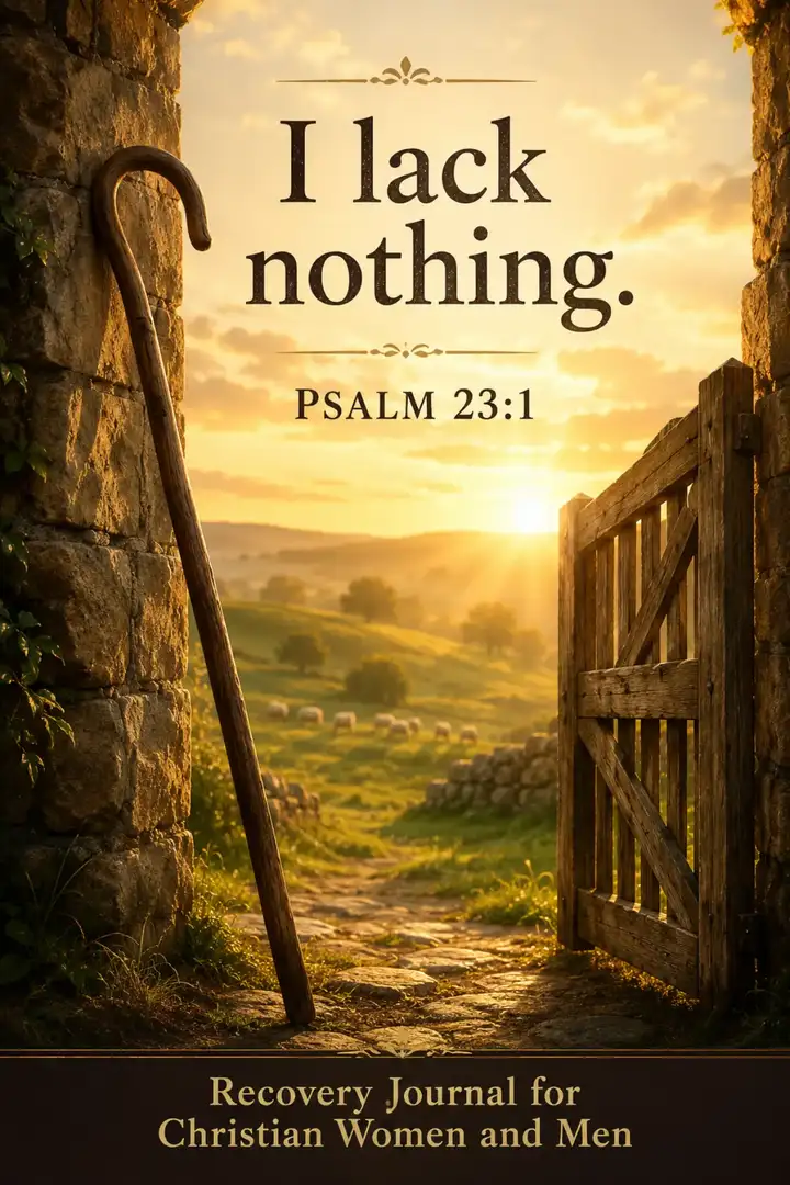 Pinterest pin for Psalm 23:1 showing an open wooden gate leading into a sunlit countryside landscape with the words I lack nothing