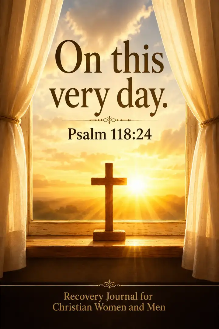 Pinterest pin for Psalm 118:24 showing a cross in a sunlit window with the words On this very day.