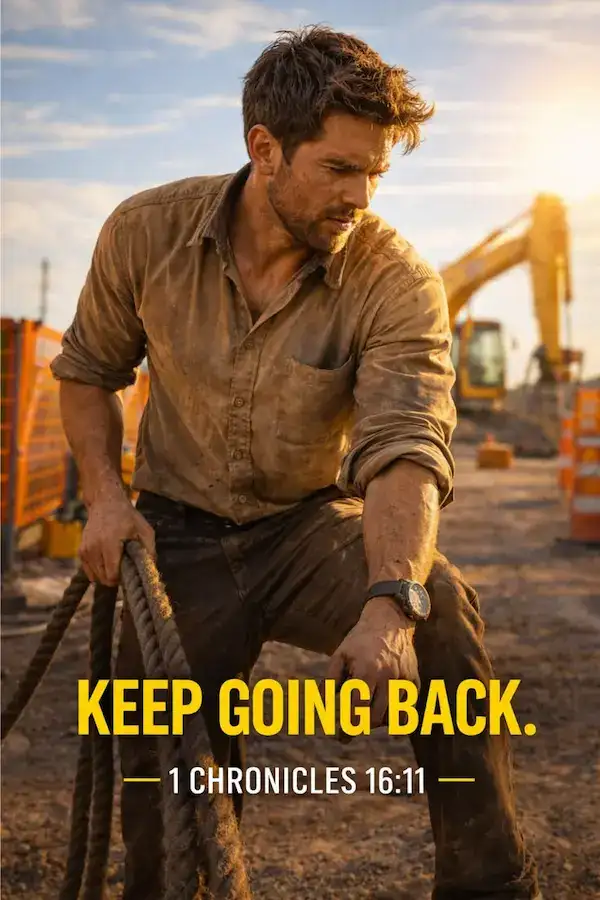 Pinterest pin for 1 Chronicles 16:11 showing a man outdoors pausing beside construction equipment with the words Keep going back.