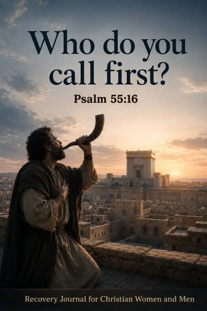 Pinterest pin for Psalm 55:16 showing a man calling out toward a distant city at sunset with the words Who do you call first?