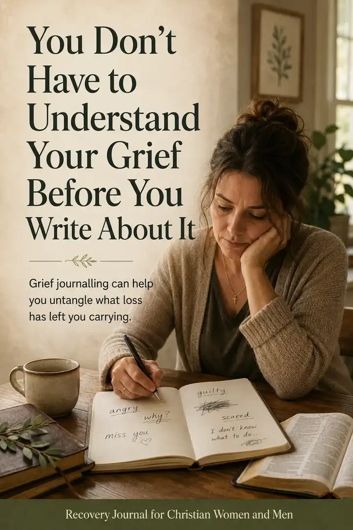 Pinterest pin about grief journalling showing a woman writing in an open journal beside a cup of tea, with the headline You Don't Have to Understand Your Grief Before You Write About It.