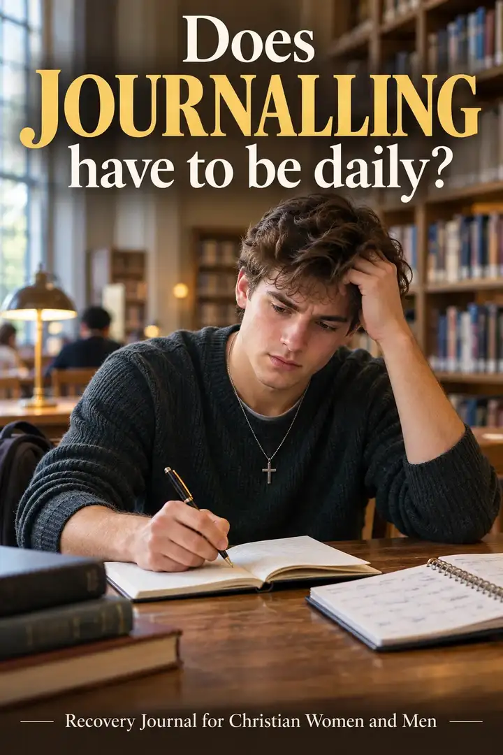 Pinterest pin about grief journalling showing a young man writing in a journal at a table, with the question Does journalling have to be daily?