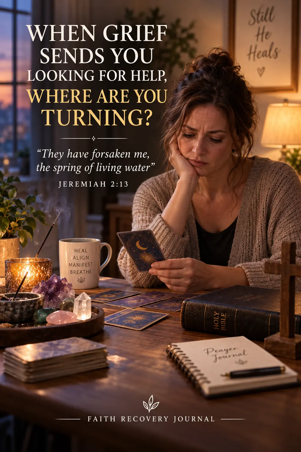 Grieving woman sits with tarot cards, crystals, incense, a Bible and prayer journal. Text asks where grief is sending her for help, Jeremiah 2:13.