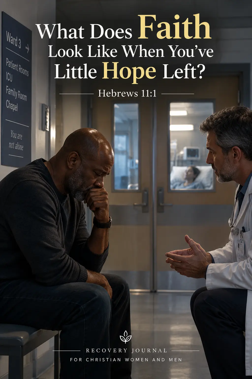 Worried man listens to a doctor in a hospital corridor while an ill woman lies behind glass doors. Text asks what faith looks like with little hope left.