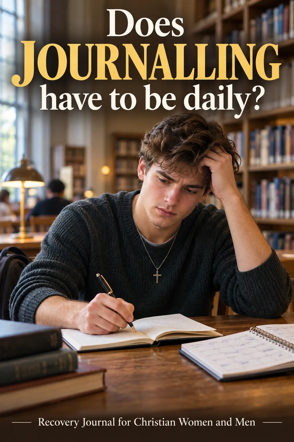 A man sits quietly journaling, wondering if he has to do this every day.