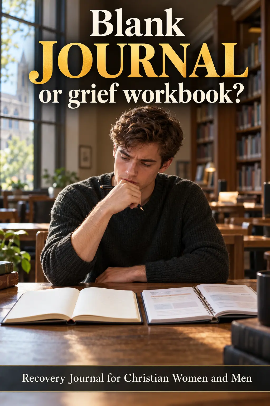 Man walks into darkness holding a glowing Bible. Text asks if he can keep going when grief hides the road ahead, with 2 Corinthians 5:7.