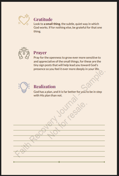 Typical recto page showing Gratitude, Prayer, Realization and writing area