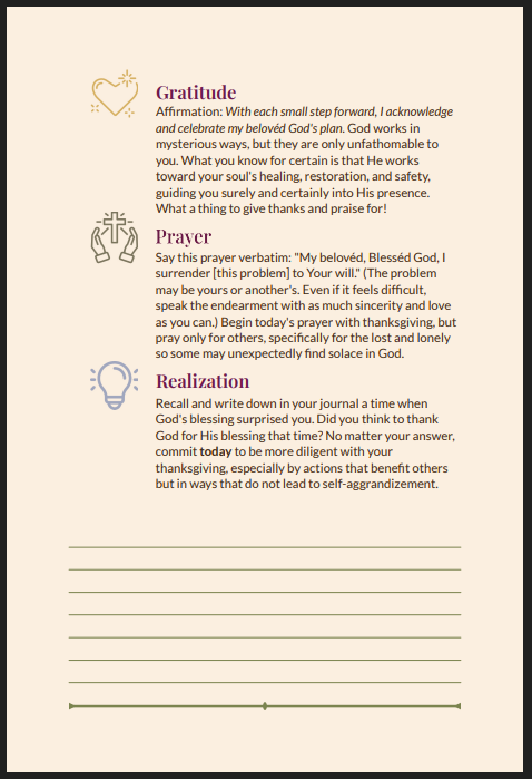Denser recto page showing longer Gratitude, Prayer and Realization sections