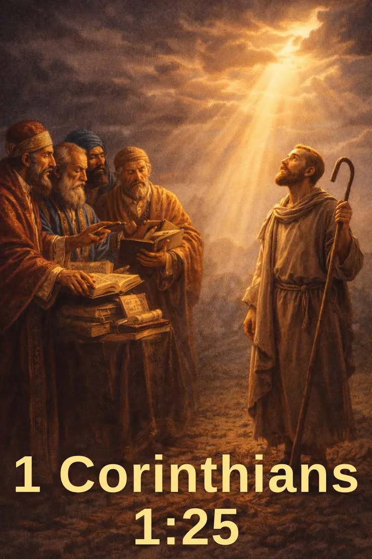 Scholars study books while a shepherd holding a staff looks towards a bright beam of light from the sky. Text reads 1 Corinthians 1:25