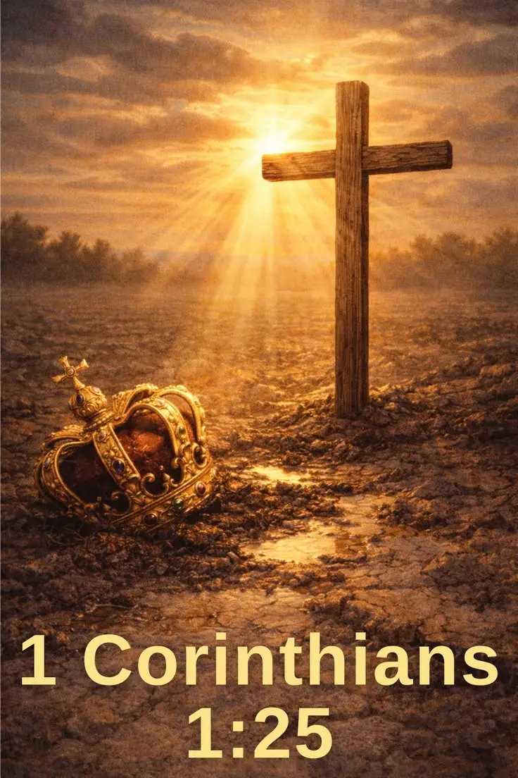 An ornate royal crown lies partly buried in dark earth while a simple wooden cross stands upright nearby in golden sunrise light. Text reads 1 Corinthians 1:25