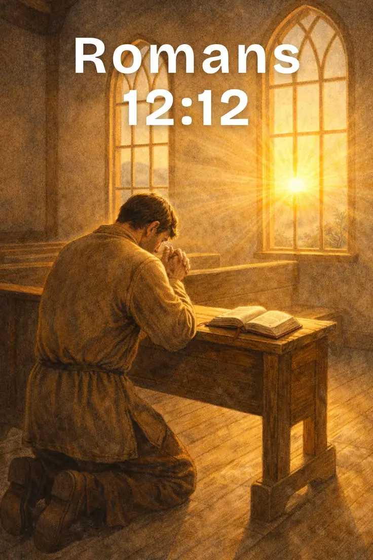 Man kneels in prayer beside an open Bible in a quiet church as warm sunlight enters through tall windows. Text reads Romans 12:12.