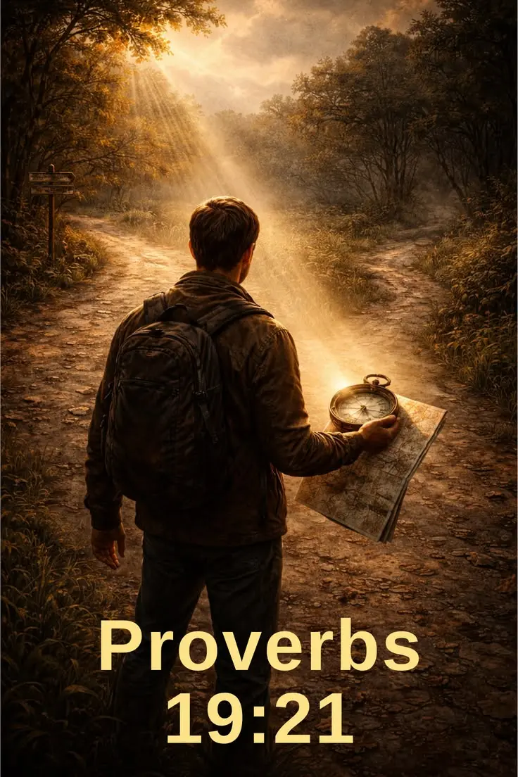 A man stands at a forked woodland path holding a map and compass as sunlight falls ahead. Text reads Proverbs 19:21.