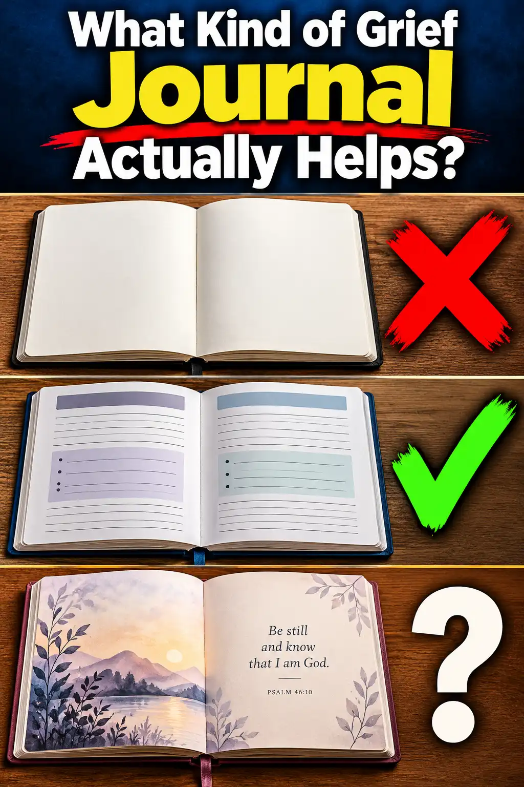 Three open journals: a blank notebook marked with a red cross, a lined guided journal with a green tick, and a decorated journal showing Psalm 46:10 marked with a question mark. Headline: What Kind of Grief Journal Actually Helps?