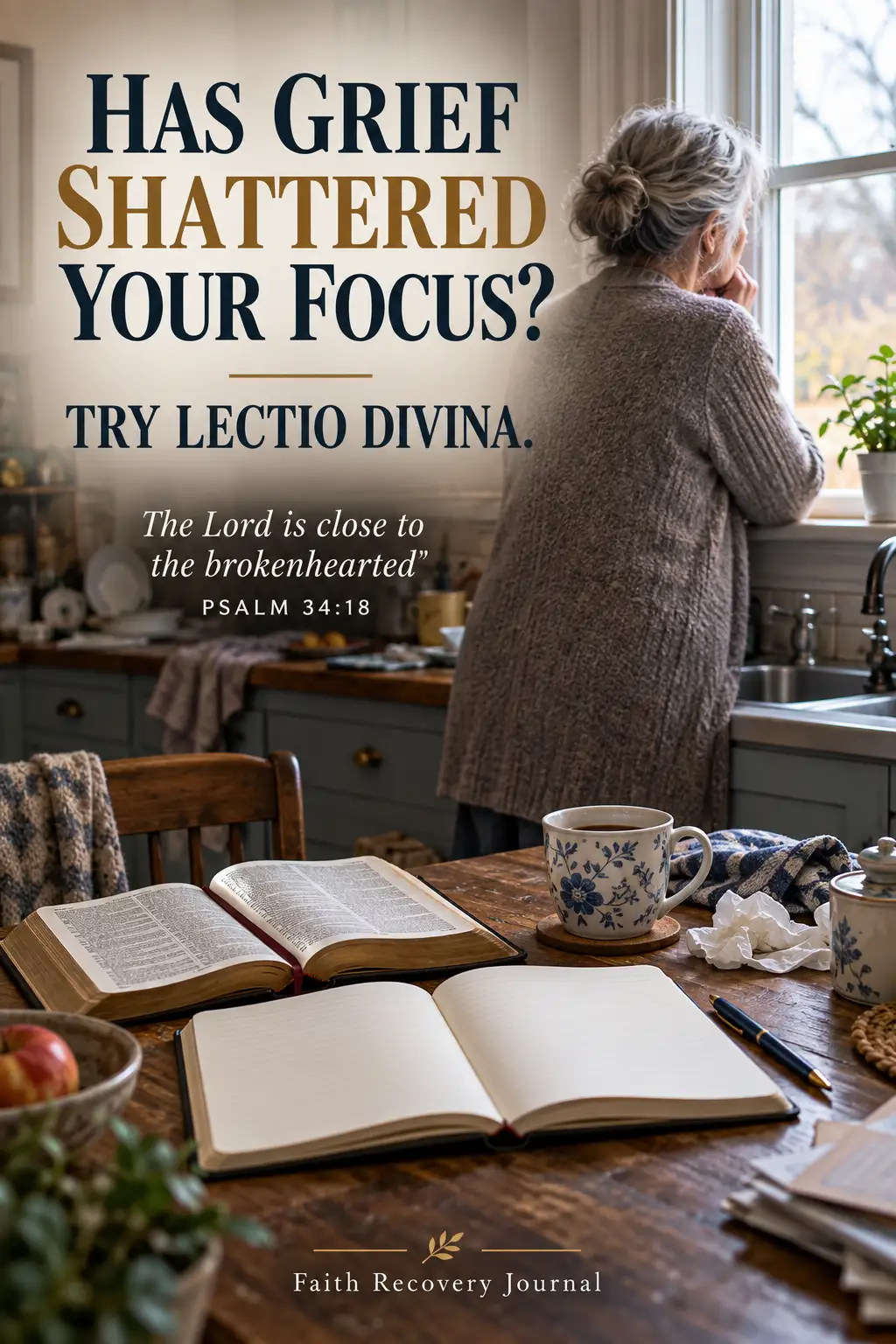 An elderly woman stands at a kitchen window with her back to a slightly untidy table and kitchen. On the table behind her, an open Bible and a blank journal lie beside an unused pen, showing difficulty concentrating in grief.