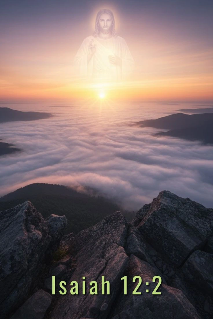 Serene landscape photo taken from a rocky mountaintop looking over a misty, fog-filled valley at sunrise. A very faint, ethereal image of Jesus (from the chest up) is visible in the glowing sky above the rising sun, quietly encouraging the viewer. Text overlay reads 'Isaiah 12:2'. The image symbolizes finding strength, defence, and salvation in God when facing fear and uncertainty.