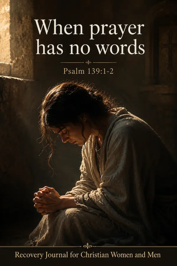 A solitary man sits in silent prayer in a vast cathedral, with the words When prayer has no words and Psalm 139:1-2 on the image.