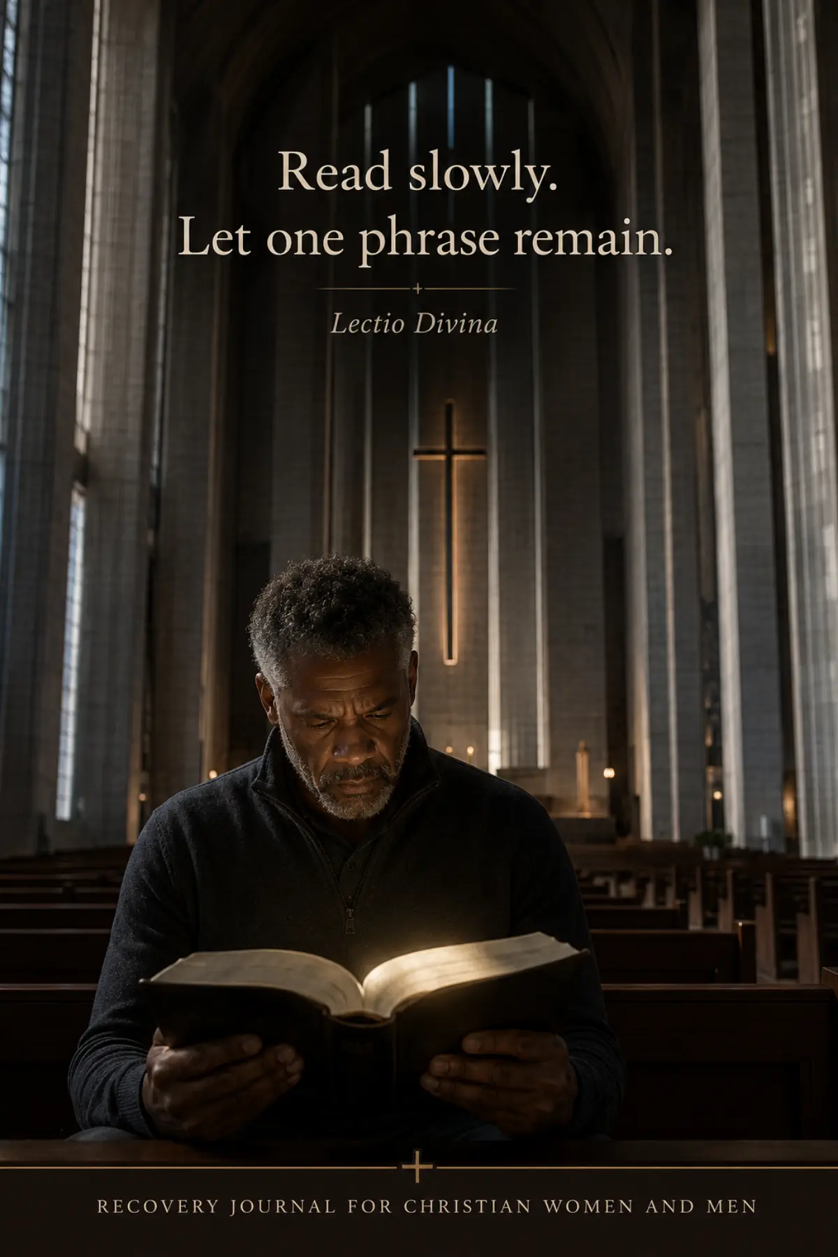 A Black man with salt-and-pepper hair reads an open Bible alone in a vast cathedral, with the words Read slowly. Let one phrase remain. Lectio Divina on the image.