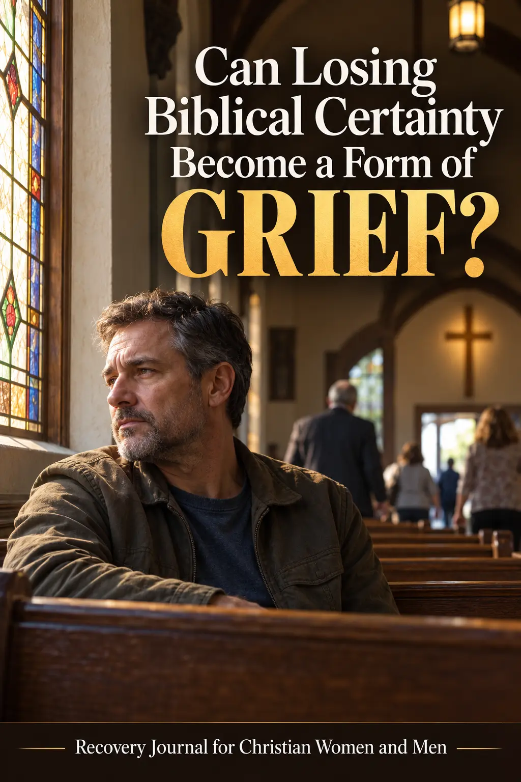 A middle-aged man sits apart from the rest of a church congregation, turned towards a stained-glass window with a troubled, distracted expression while other worshippers remain farther away.