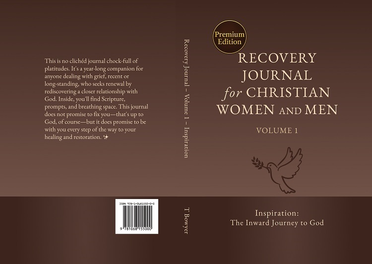 Premium Edition hardcover of the Recovery Journal for Christian Women and Men, showing front and back cover design for Volume 1.