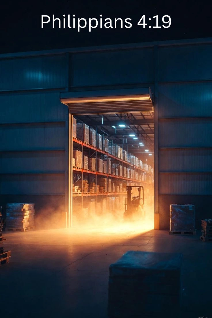 Warehouse doorway glowing with warm light reveals shelves full of stored goods and a forklift inside. Text reads Philippians 4:19.