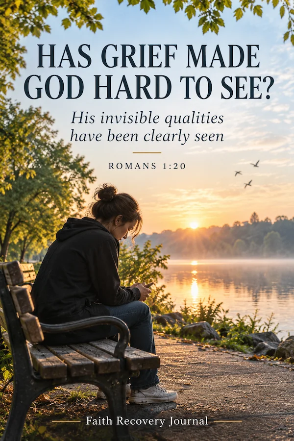 Romans 1:20 — A grieving woman sits on a lakeside bench at sunrise, looking down as light fills the water, with the words Has grief made God hard to see? Romans 1:20.